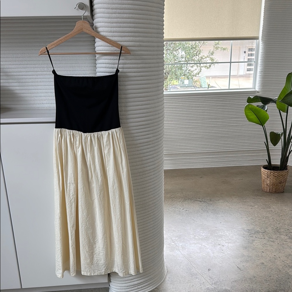 Black and Cream Smocked Midi Sundress